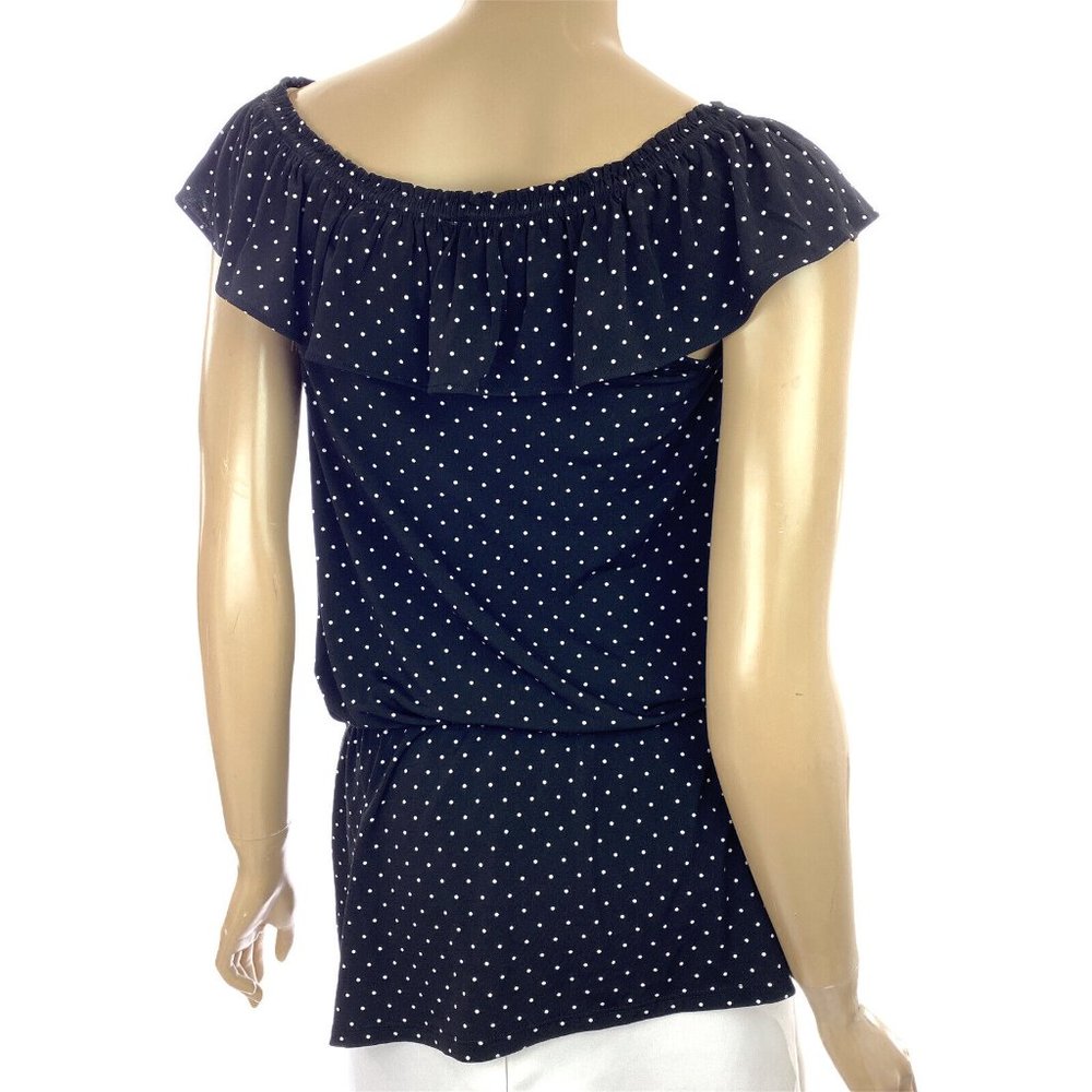 White House/Black Market Blouse Size S Black w/White Dots Cap Sleeve - Picture 3 of 6
